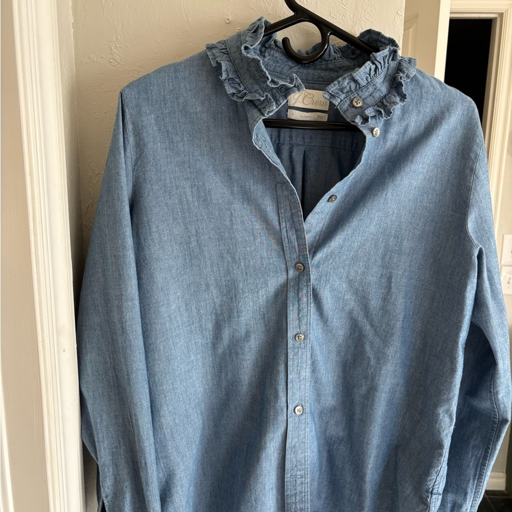 JCrew Ruffled Denim Button-Up Shirt